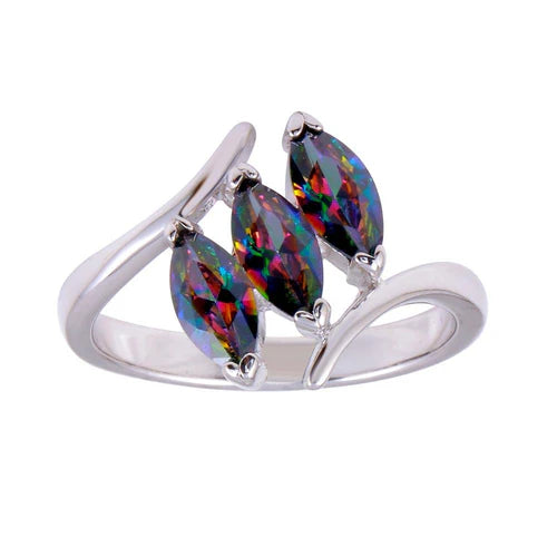 925 Sterling Silver Rhodium Plated 3 Oval Mystic Topaz CZ Ring