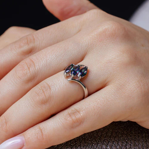 925 Sterling Silver Rhodium Plated 3 Oval Mystic Topaz CZ Ring
