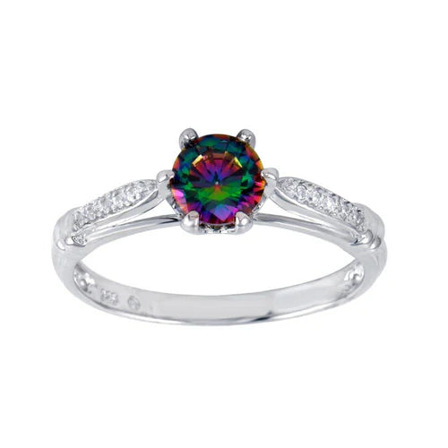 925 Sterling Silver Rhodium Plated  Oval Solitaire Synthetic Mystic Topaz CZ Ring