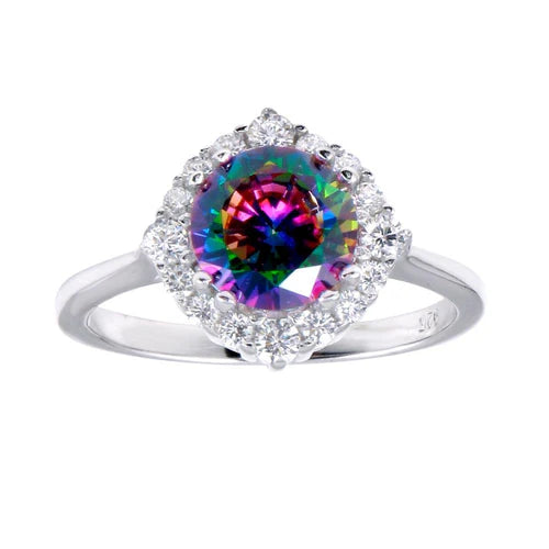925 Sterling Silver Rhodium Plated Round Halo Mystic Topaz CZ Ring