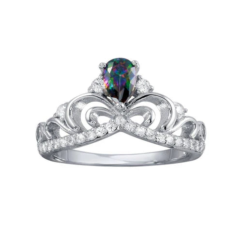 925 Sterling Silver Rhodium Plated Crown Synthetic Mystic Topaz CZ Ring
