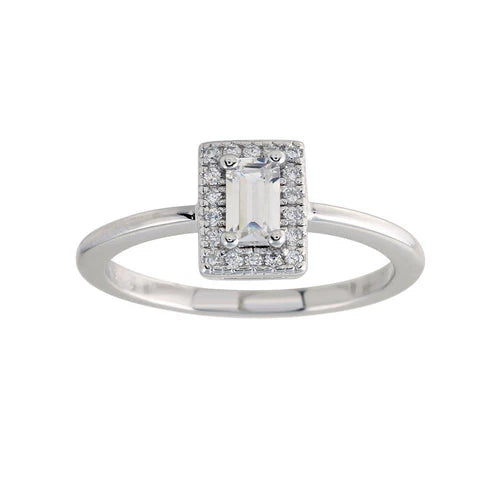 925 Sterling Silver Rhodium Plated Baguette Stone Halo CZ Ring