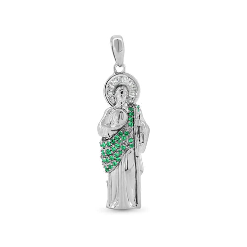 925 Sterling Silver Rhodium Plated Green CZ St Jude Pendant