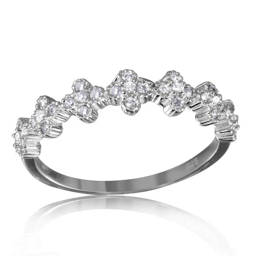 925 Sterling Silver Rhodium Plated Clover Band with Clear CZ Stones