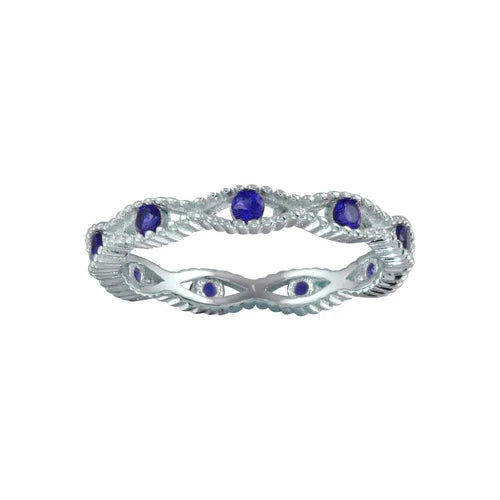 925 Sterling Silver Rhodium Plated Intersecting Waves Blue CZ Ring