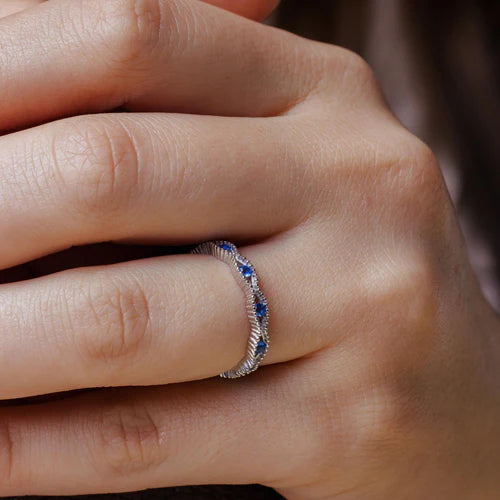 925 Sterling Silver Rhodium Plated Intersecting Waves Blue CZ Ring