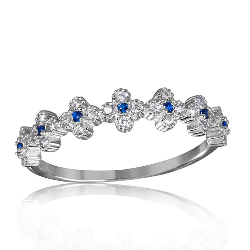 925 Sterling Silver Rhodium Plated Clover Band with Blue CZ Stones