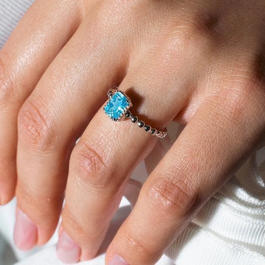 925 Sterling Silver December Rhodium Plated Beaded Shank Square Center Birthstone Ring