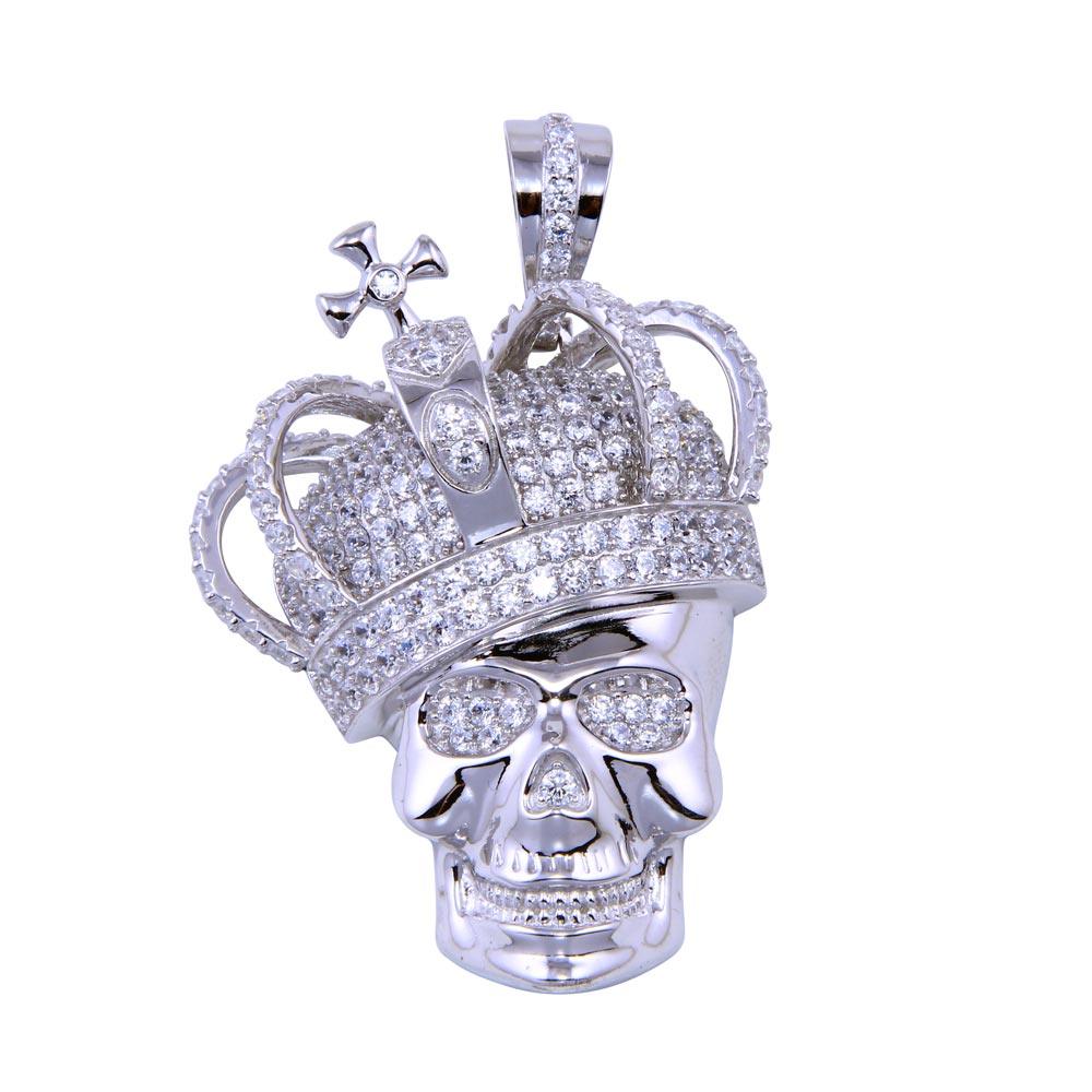 925 Sterling Silver Rhodium Plated CZ Skull King Pendant