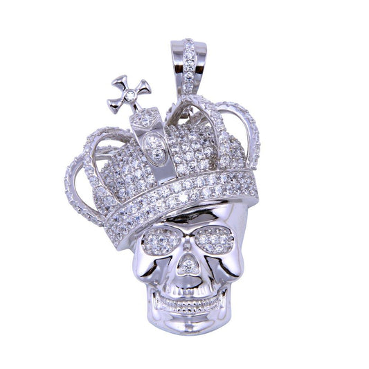 925 Sterling Silver Rhodium Plated CZ Skull King Pendant