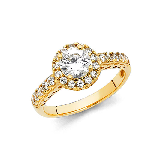 14K Yellow Gold Women's Halo Engagement Ring accented with Cubic Zirconias - 1.25 ct. CZ Round Center and .25 ct. CZ Side Stones