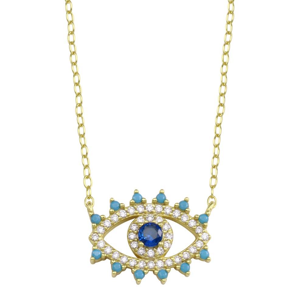 925 Sterling Silver Gold Plated Evil Eye Blue CZ Necklace