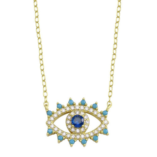 925 Sterling Silver Gold Plated Evil Eye Blue CZ Necklace
