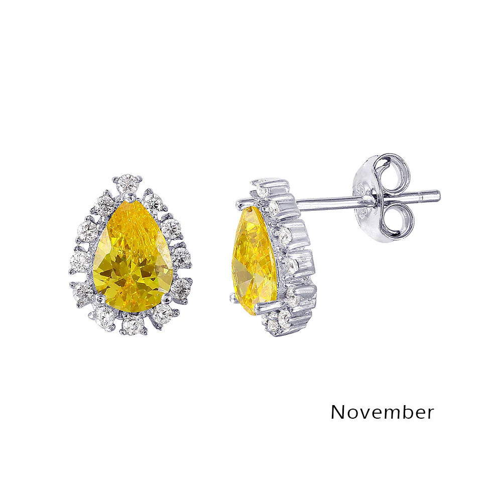 925 Sterling Silver Rhodium Plated Teardrop Halo CZ Birthstone Earrings