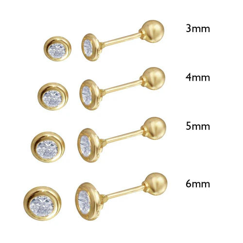 14 Karat Yellow Gold Screw Back Bezel Round CZ Stud Earring