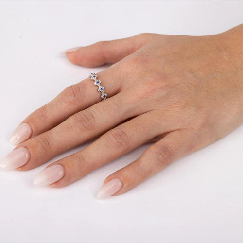925 Sterling Silver Rhodium Plated Clover Band with Blue CZ Stones