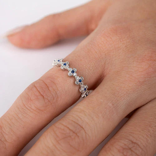 925 Sterling Silver Rhodium Plated Clover Band with Blue CZ Stones