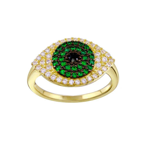 925 Sterling Silver Gold Plated CZ Black Green Clear CZ Evil Eye Ring