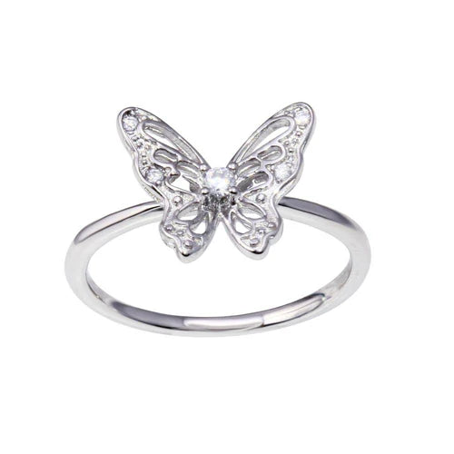 925 Sterling Silver Rhodium Plated Butterfly Clear CZ Ring