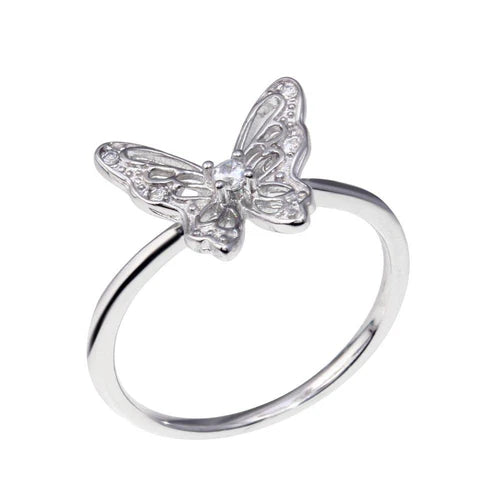 925 Sterling Silver Rhodium Plated Butterfly Clear CZ Ring