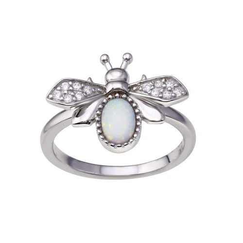 925 Sterling Silver Rhodium Plated Simulated Opal Bee Ring