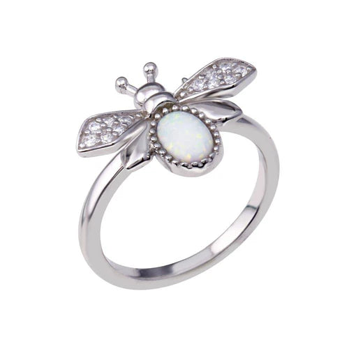 925 Sterling Silver Rhodium Plated Simulated Opal Bee Ring