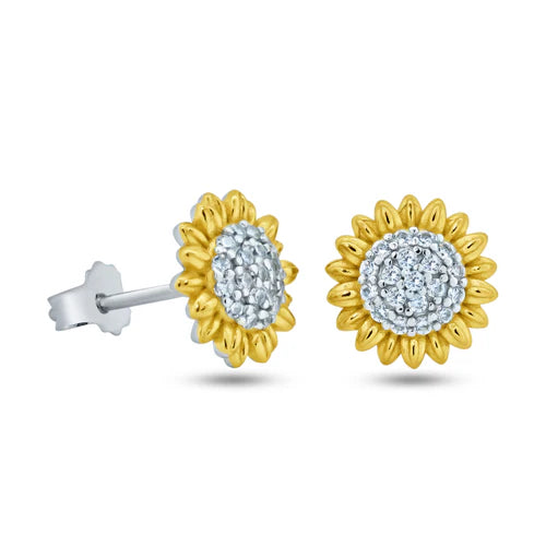 925 Sterling Silver Rhodium Plated 2 Toned Sunflower CZ Stud Earrings