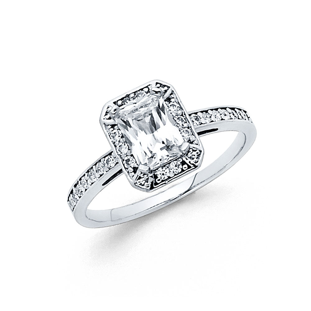 14K White Gold Women's Emerald Cut Halo Cubic Zirconia Engagement Ring