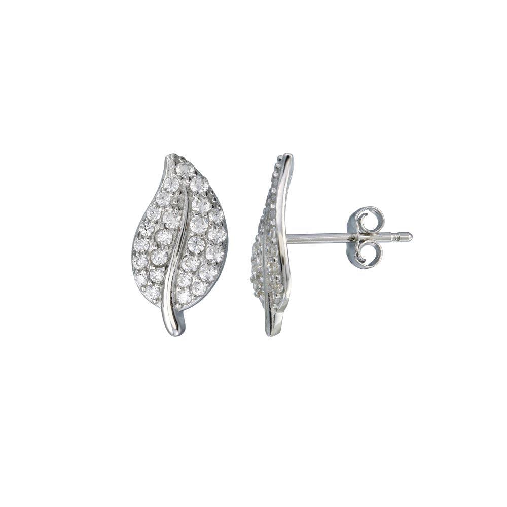 925 Sterling Silver Rhodium Plated  CZ Leaf Stud Earring