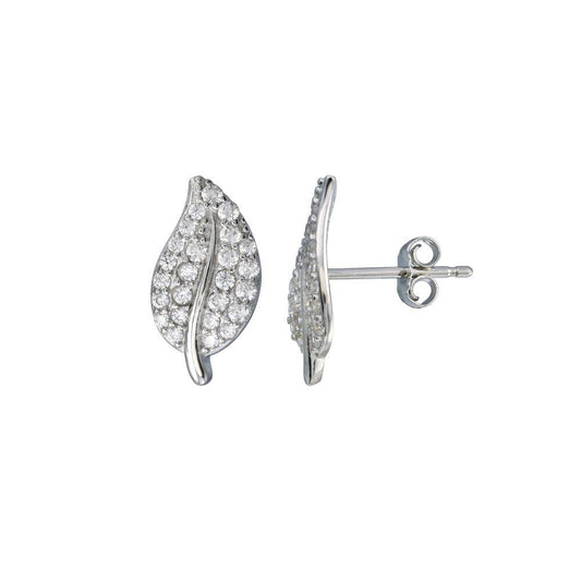 925 Sterling Silver Rhodium Plated  CZ Leaf Stud Earring