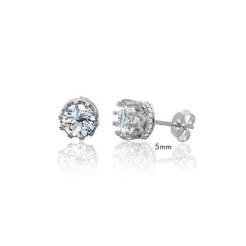 925 Sterling Silver Rhodium Plated Round Crown Basket Clear CZ Stud Earrings