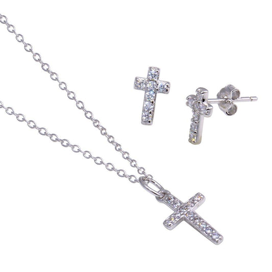 925 Sterling Silver Rhodium Plated Cross CZ Stud Earring and Necklace Set