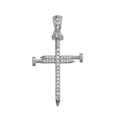 925 Sterling Silver Rhodium Plated Nail Cross CZ Pendant