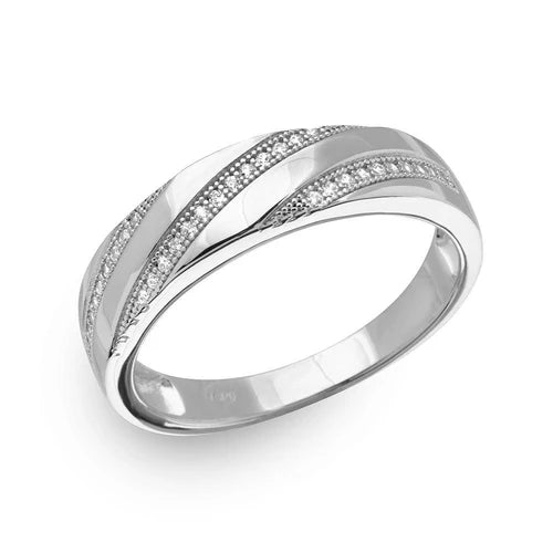 925 Sterling Silver Rhodium Plated  Men's Trio Slanted Bar Ring