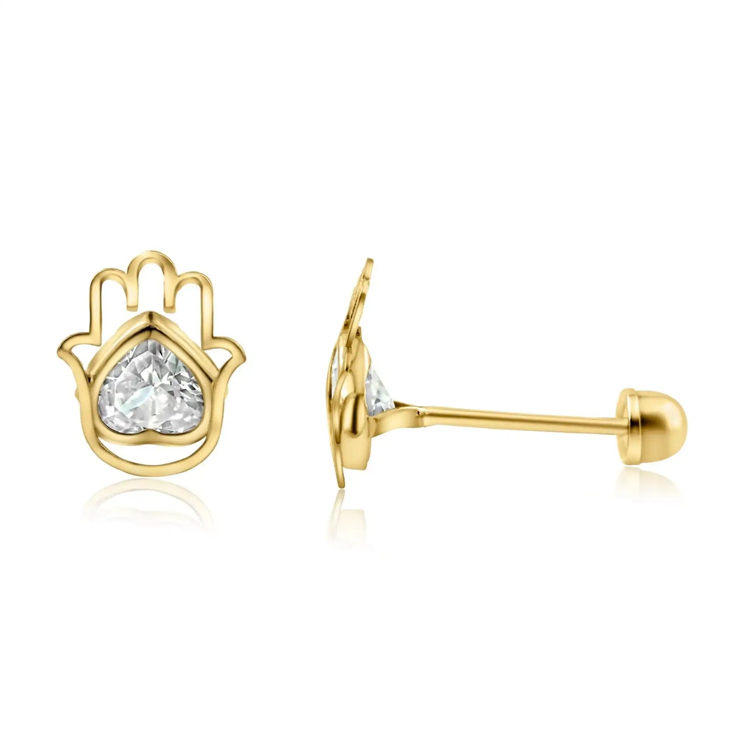 14 Karat Yellow Gold Hamsa Heart CZ Screw Back Stud Earring