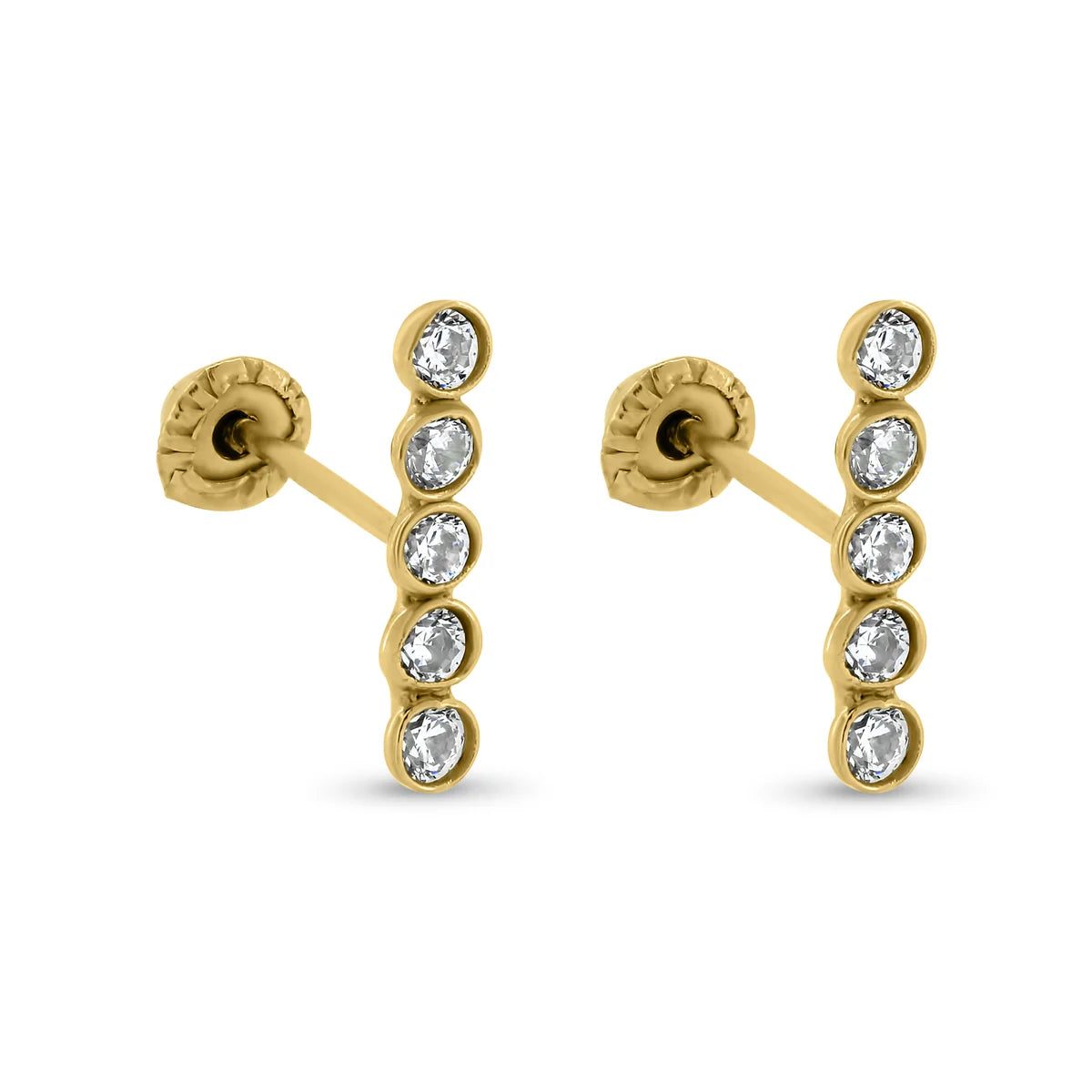 14 Karat Yellow Bar Clear Round CZ Screw Back Earrings