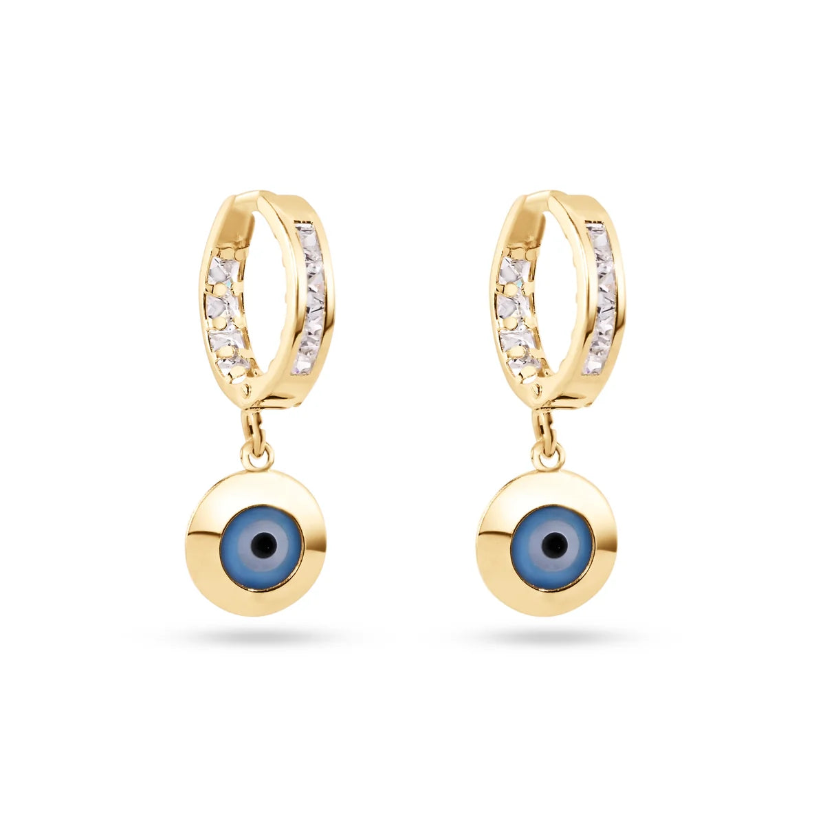 14 Karat Yellow Gold Dangling Evil Eye Clear CZ 11.5mm Hoop Earrings