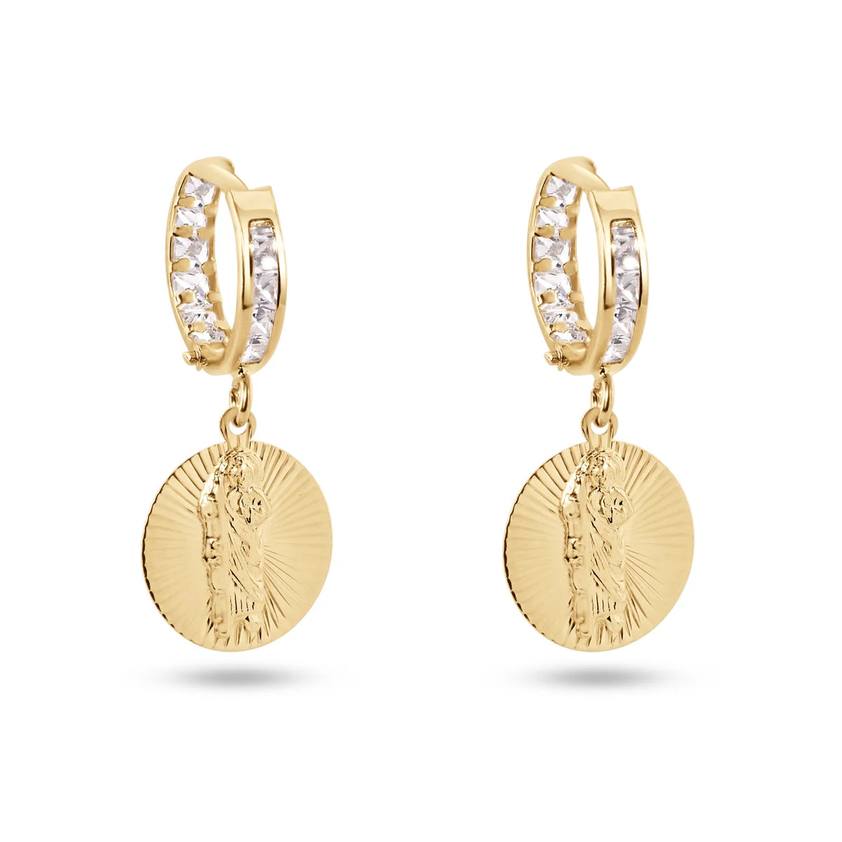 14 Karat Yellow Gold Diamond Cut Dangling Saint Jude Clear CZ 12mm Hoop Earrings
