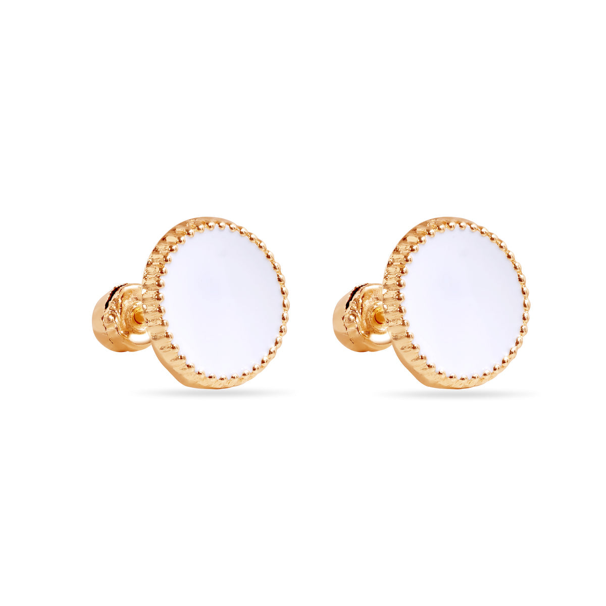 14 Karat WHITE - White Circular Enamel 8.3mm Screw Back Earrings
