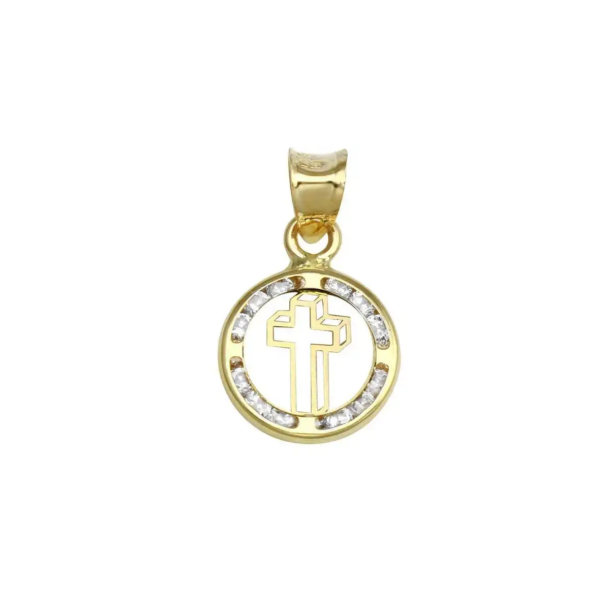 14 Karat Yellow Gold Disc Open Cross CZ Pendant