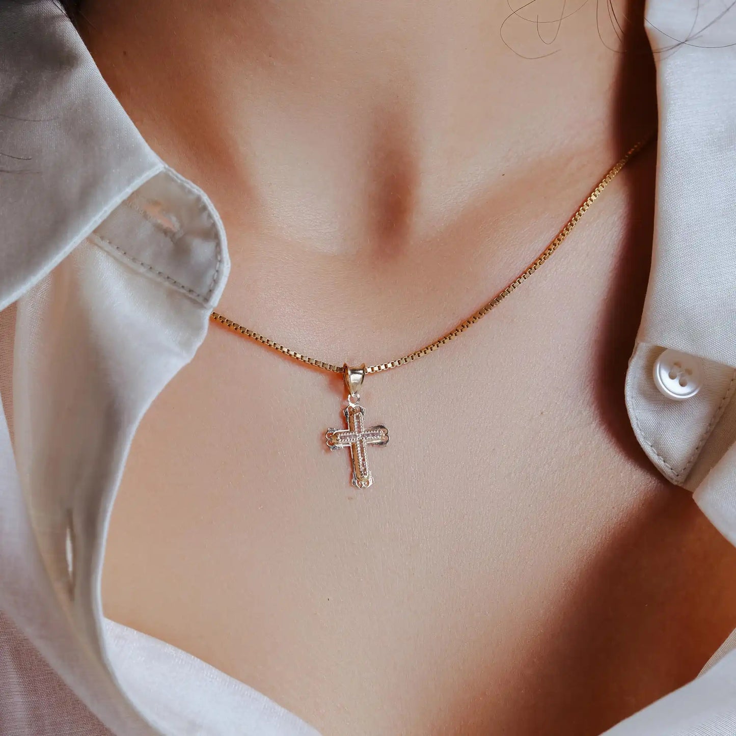 14 Karat Yellow Gold Cross Bordered Cross Clear CZ Pendant