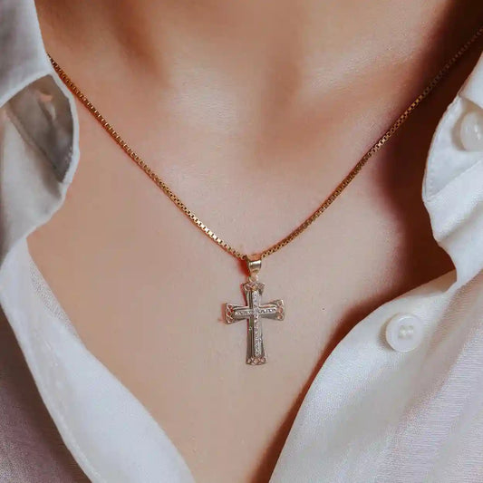 14 Karat Yellow Gold Bordered Cross Clear CZ Pendant