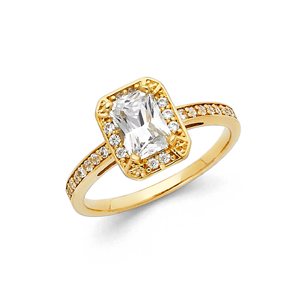 14K Yellow Gold Women's Emerald Cut Halo Cubic Zirconia Engagement Ring