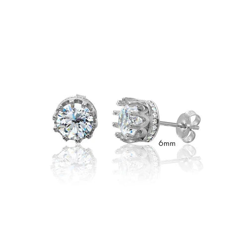 925 Sterling Silver Rhodium Plated Round Crown Basket Clear CZ Stud Earrings