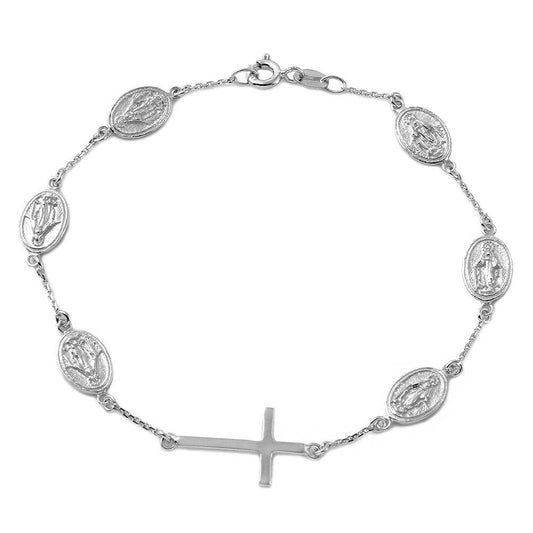 925 Sterling Silver Rhodium Plated Cross with Religious Charms Bracelet