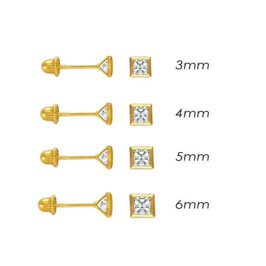 14 Karat Yellow Gold Screw Back Bezel Square CZ Stud Earring