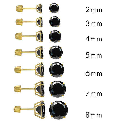 14 Karat Yellow Gold Screw Backing Black CZ Round Stud Earring