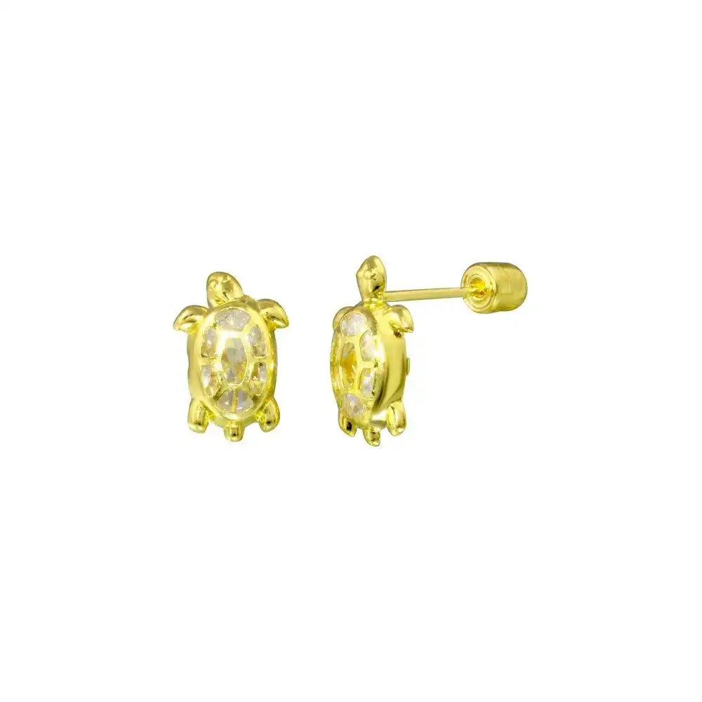 14 Karat Yellow Gold Turtle CZ Screw Back Stud Earring