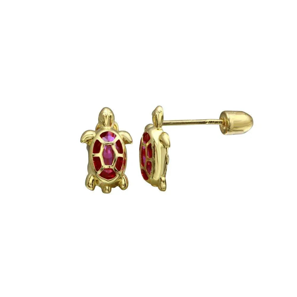 14 Karat Yellow Gold Turtle Red CZ Screw Back Stud Earring