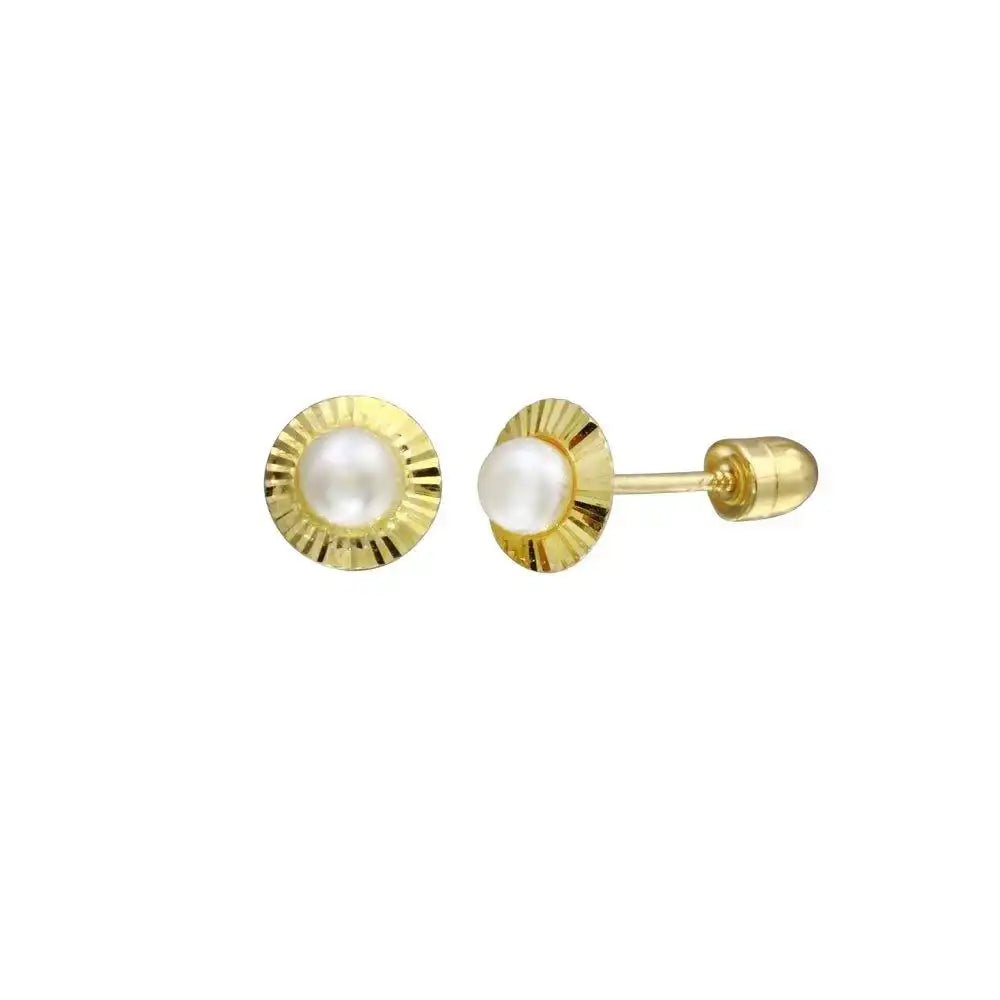 14 Karat Yellow Gold 2.8mm Pearl Center Diamond Cut Disc Screw Back Stud Earring